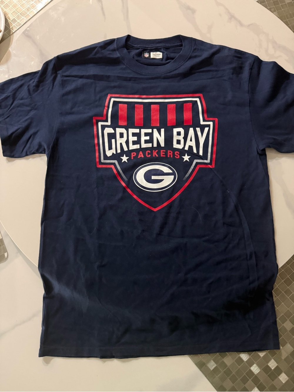 NFL Navy Green Bay Packers Shield Logo Tee with Red Accents